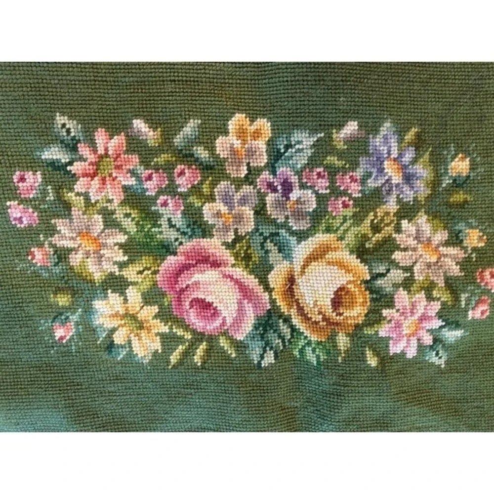 Handcrafted Needlepoint Floral Panel Unisex 23x14 Green Excellent Vintage Rose